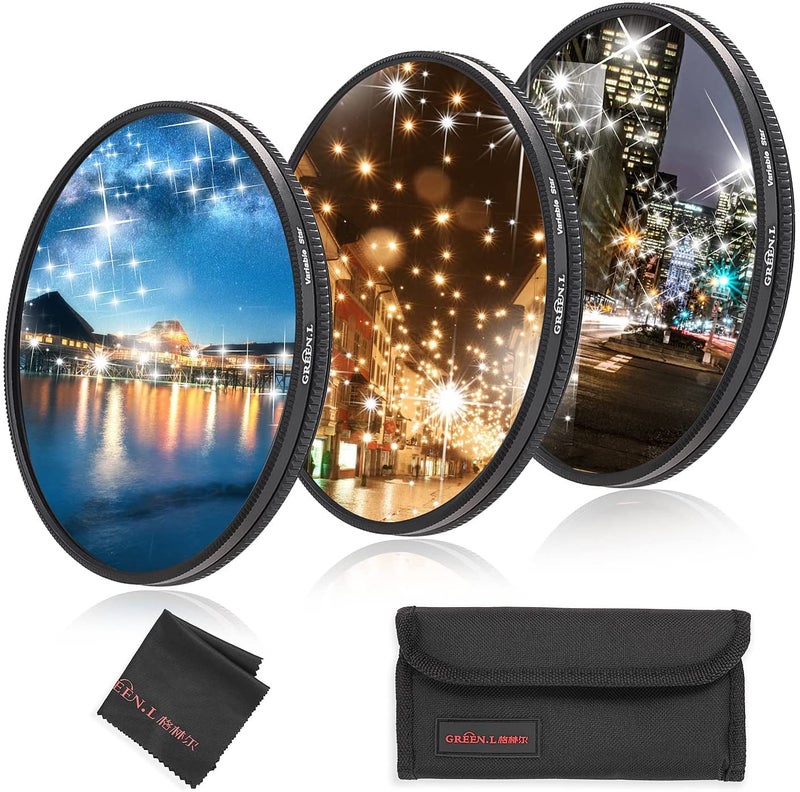 GREEN.L 49mm Variable Star Filter 468 Cross Screen Starburst - Rotatable Star Filter Kit with 3 Filters for Portraits Cityscapes Lights - Includes Pouch & Cloth - Image 1